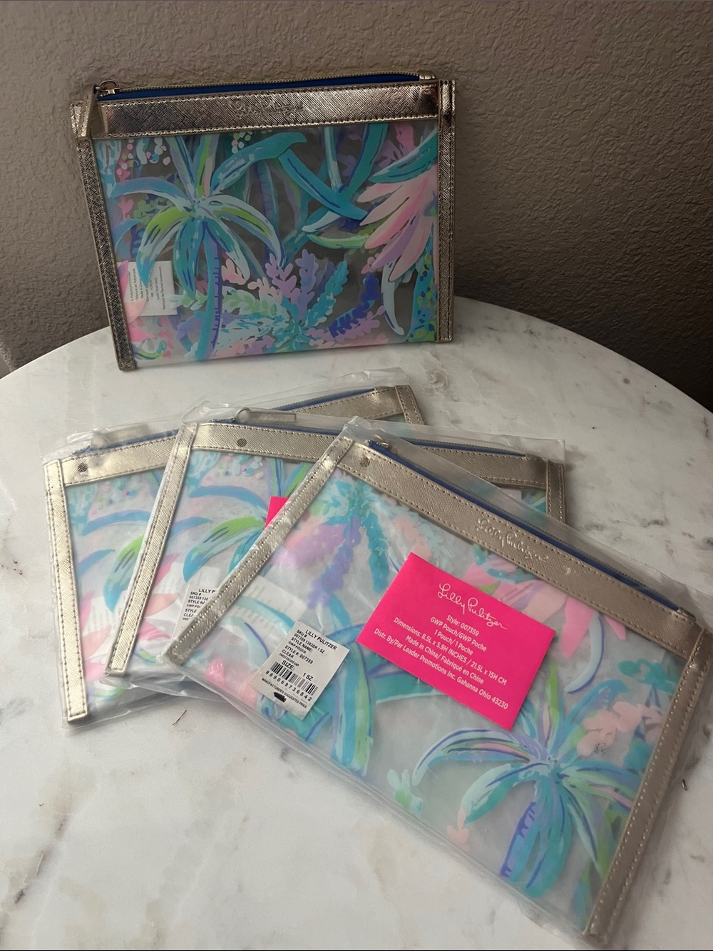 Lilly Pulitzer Pastel Tropical Clear Pouch with Gold Trim